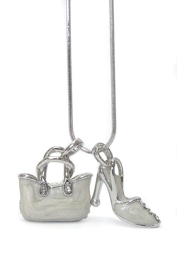 WHITEGOLD PALTING CRYSTAL AND EPOXY BAG AND SHOE DUAL PENDANT NECKLACE-0